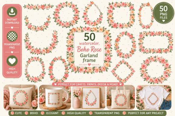 50 Boho Watercolor Rose Garland Frames: A Creative Toolkit