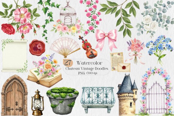 Chateau Vintage Watercolor Doodles: Elevate Your Design Projects