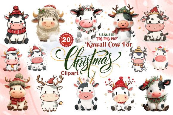 Kawaii Cow for Christmas Clipart: Festive Charm for Creative Projects