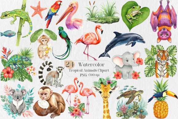 Watercolor Tropical Animals Clipart for Vibrant Design Projects