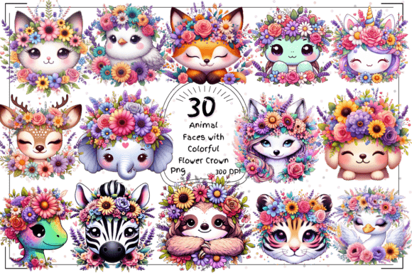 Whimsical Animal Faces with Floral Crown: A Designer's Delight